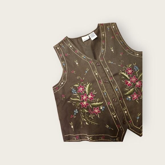 Vintage Y2k Bobbie Brooks green boho floral embroidered button up vest - Picture 3 of 4